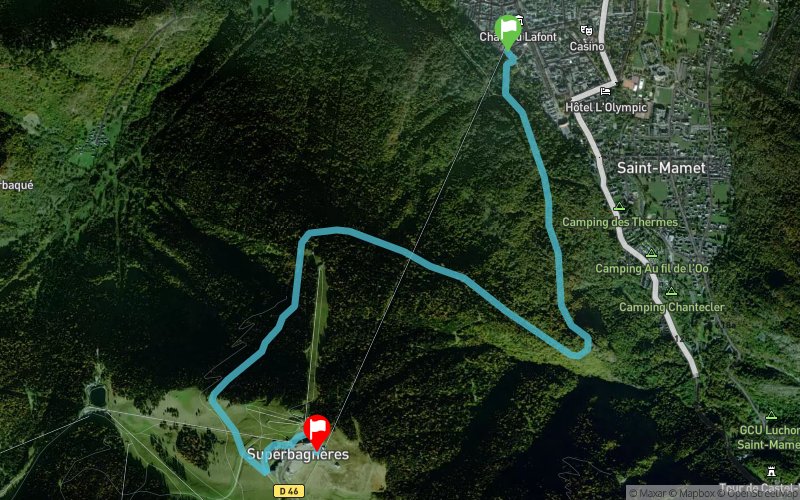 Carte du tracé Ultra Montée de Superbagnères — 5.8 km, 1161 m D+, depuis Bagnères-de-Luchon jusqu'à Superbagnères